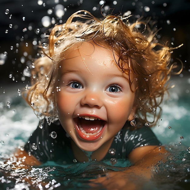 Aardige baby zwemt onder water Duiken Jonge zwemmen water