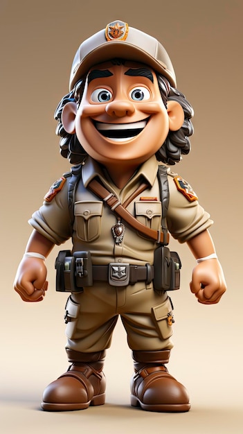 Foto aardige cartoon soldaat in volledige uitrusting met een charmante glimlach en grote ogen