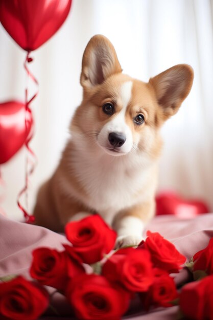 Aardige corgi hond omringd door rode rozen en harten op valentijnsdag kaart