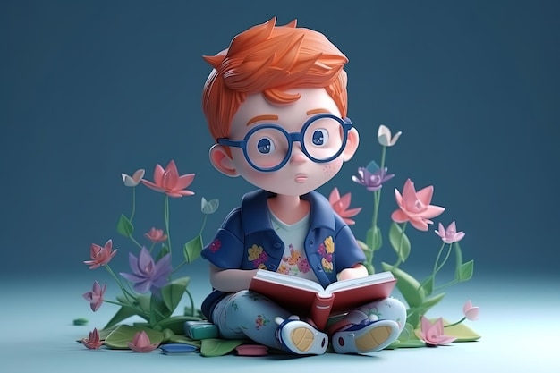 Aardige roodharige jongen met een bril die een 3d gegenereerd boek leest