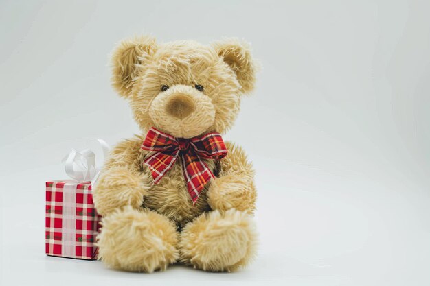 Foto aardige teddybeer met geschenkdoos geïsoleerd op witte achtergrond