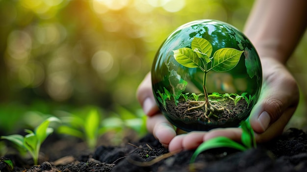 Aardkristal glazen bol en boom in robothand redden het milieu redden een schone planeet eco