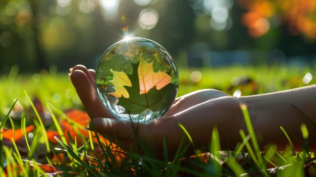 Foto aardkristal glazen bol en esdoornblad in menselijke hand op gras achtergrond besparing van het milieu besparen schone groene planeet ecologie concept kaart voor wereld aardedag