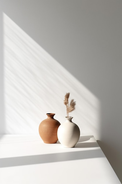 Aardse gekleurde tafelvaas met katoen natuurlijke plant en witte muur Minimale scandinavische interieur