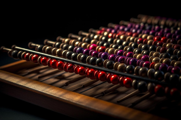 An abacus with red and purple beads on it