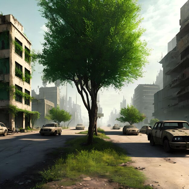 Abandon post apocalyptic city with green tree generative art by AI