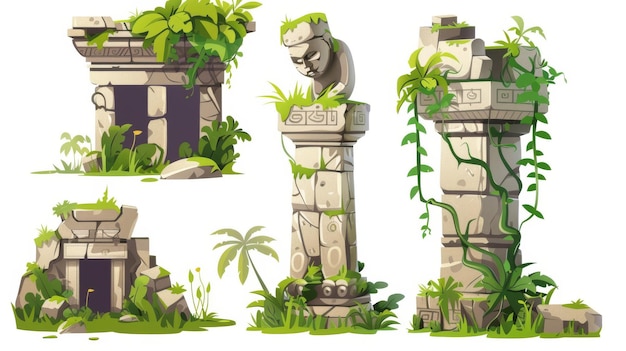 Photo an abandoned abandoned stone temple with green liana vines and grass in the jungle ancient ruin of old lost civilization buildings and statues modern illustration set of abandoned stone temple with