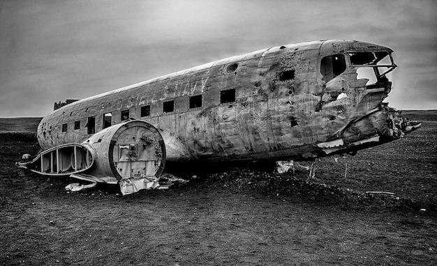 写真 雲の空に照らされたビーチで捨てられた飛行機