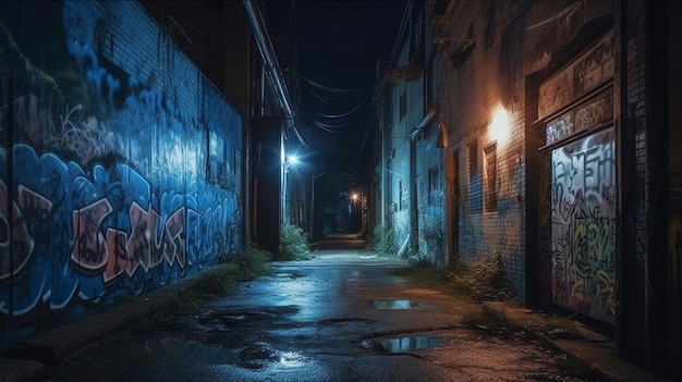 Abandoned alleyway transformed into an artistic canvas under the moonlight
