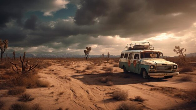 Заброшенная машина скорой помощи на пустынной дороге