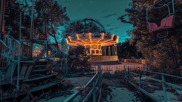 Photo an abandoned amusement park at night the ferris wheel is still lit up but the rest of the park is dark and