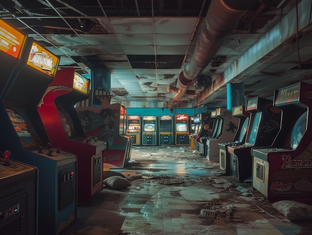 Abandoned arcade in a dystopian city games of yore whisper