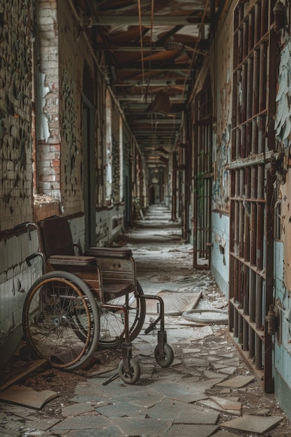 Abandoned asylum corridor with wheelchair