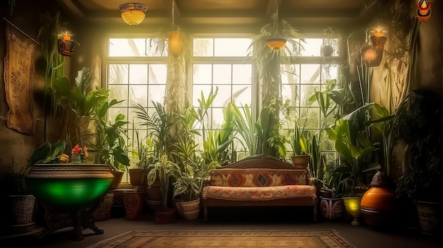 Abandoned authentic house garden interior with plants antiques furniture