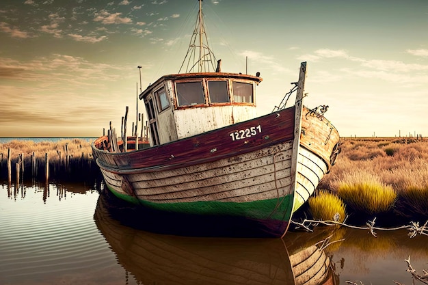 Abandoned battered boat stands at empty shore