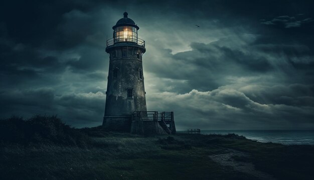 Abandoned beacon warns of danger on dramatic coastline at dusk generated by artificial intelligence