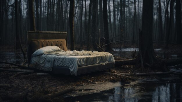 Abandoned Bed In Forest Underexposed Hyperrealistic Shot