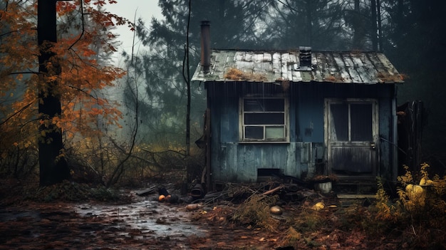 Photo abandoned blue house in the woods a realistic image of rusty debris and foggy atmosphere