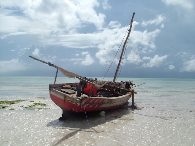 Abandoned boat on the beach against the sky