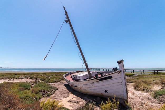 Abandoned boat on the vegetation on the sand dunes of Ria Formosa marshlands located in the Algarve, Portugal.