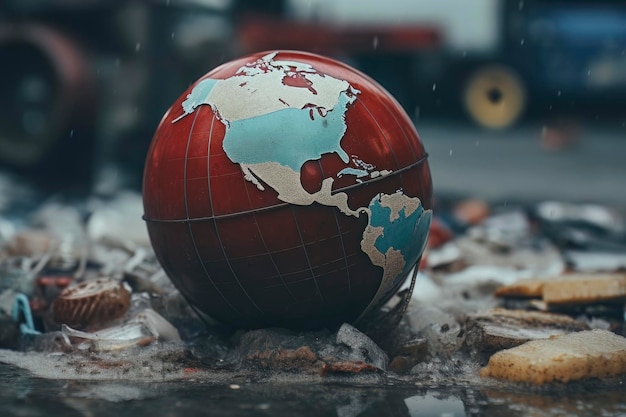 Брошенный и разбитый глобус среди отходов Символ жестокого обращения и загрязнения Planet39