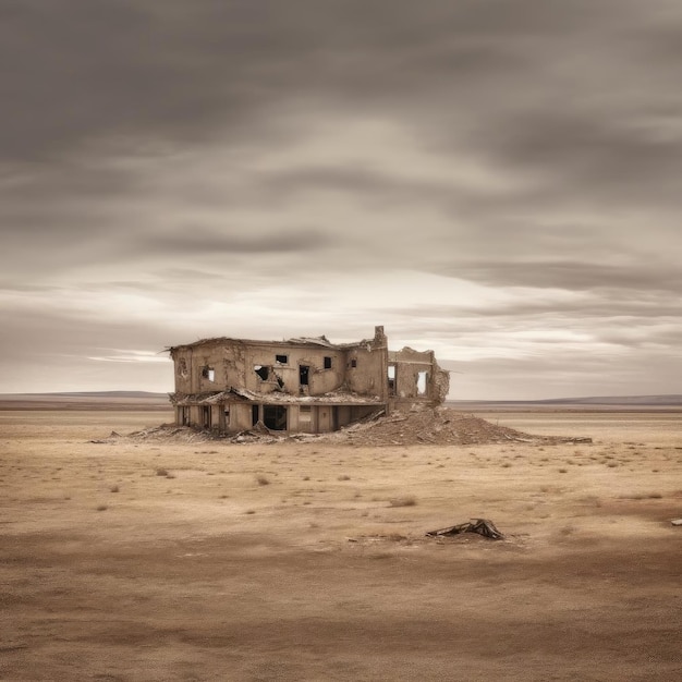 Photo abandoned building in the middle of the desert in the evening