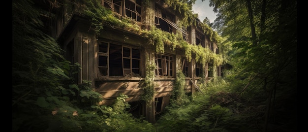 Abandoned building that has been reclaimed by nature overgrown with plants Generative AI