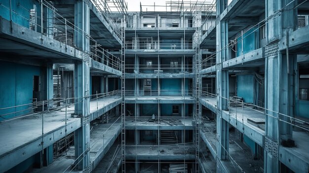 An abandoned building with a blue wall and a metal frame that says'the word'on it '