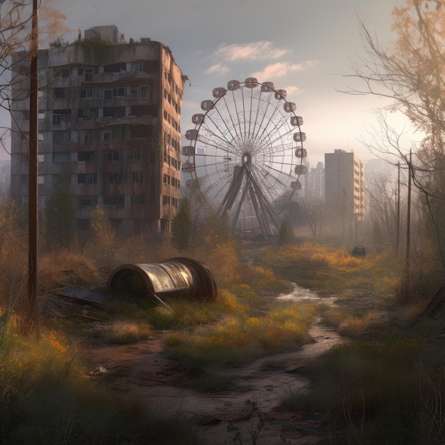 An abandoned building with a large ferris wheel in the middle of it.