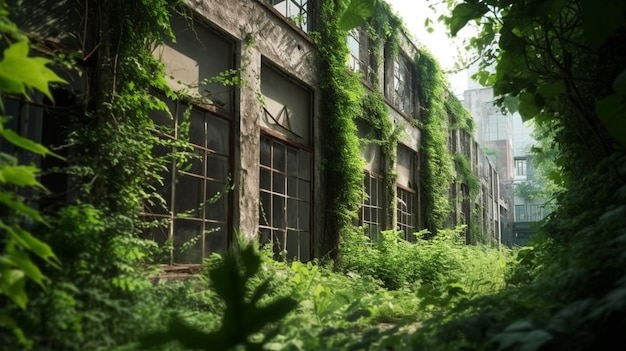 An abandoned building with overgrown plants and the words'the last word'on it