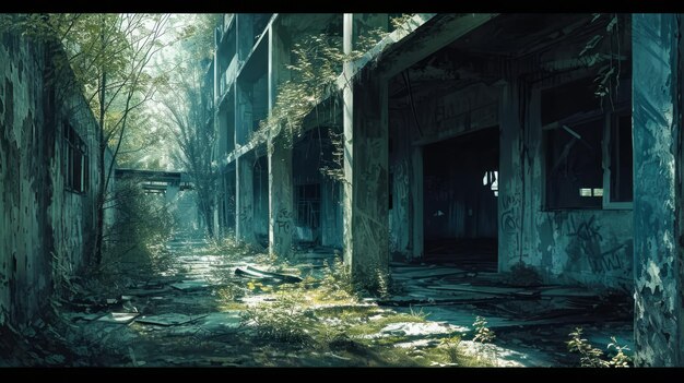 Photo abandoned buildings in pripyat chernobyl decaying structures overgrown with vegetation eerie atmospheric tones detailed linework generative ai