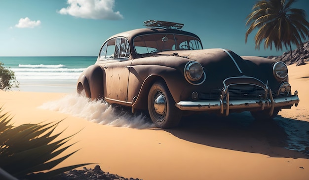 Abandoned car on the beach background Generative AI