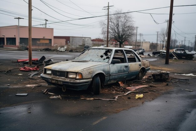 Abandoned car in the middle of a busy parking lot