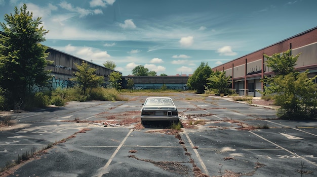 Photo an abandoned car sits in a parking lot surrounded by overgrown weeds and graffiticovered buildings