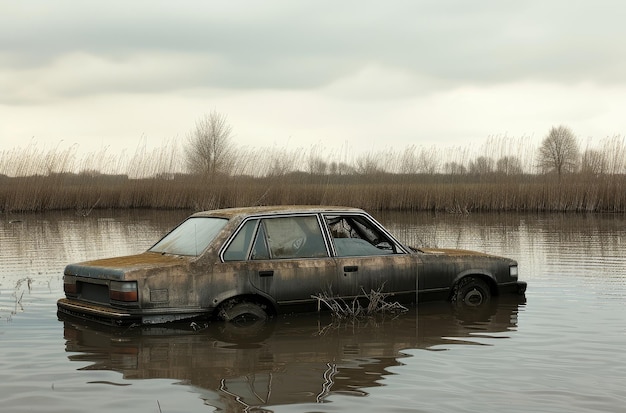 Abandoned Car Submerged in Flooded Waters