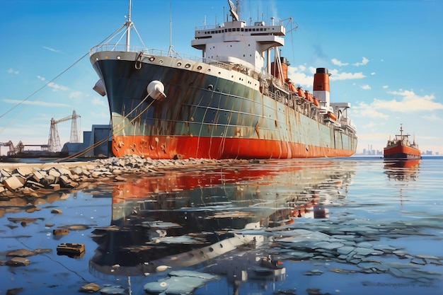 Photo abandoned cargo ship awaiting repair in the port the ship is waiting for its turn to be repaired or scrapped restoration and modernization of ships