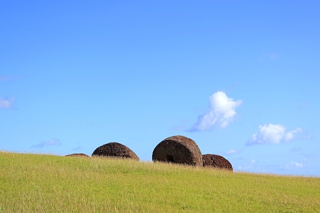 Abandoned Carved Moai Statues' Topknots on Puna Pau Volcano, Easter Island, Chile