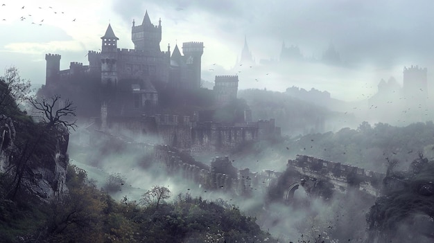 an abandoned castle atop a mistcovered hill shrouded in mystery and surrounded by ancient ruins hint