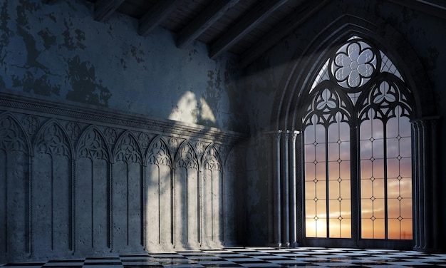 Abandoned castle with a large gothic window sunset rays