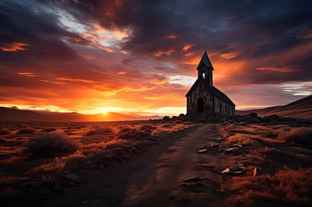 abandoned catholic church and road at sunset or dawn