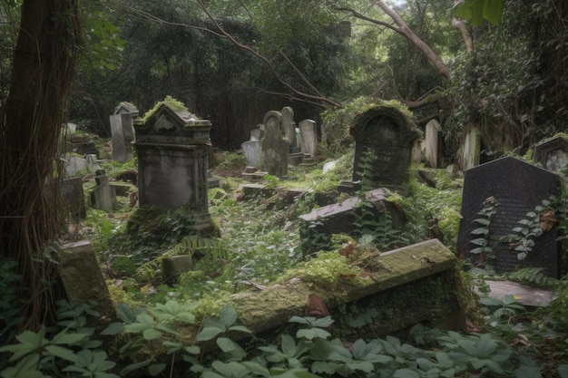 Abandoned cemetery with overgrown vegetation and broken headstones created with generative ai