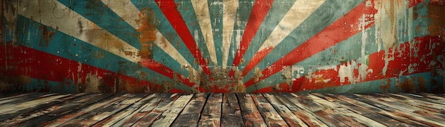 An abandoned circus platform with a striking vintage grunge sunburst background