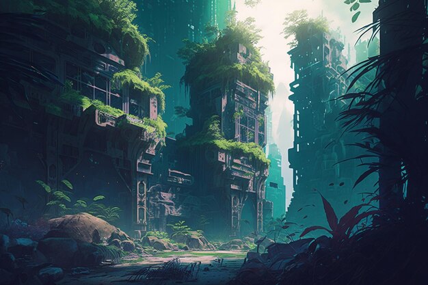 An abandoned city with a green jungle and a green jungle.