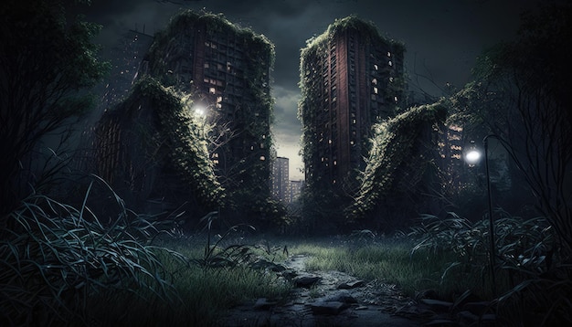 Abandoned Cityscape post apocalyptic city dark mood urban horror fantasy decor Generative ai