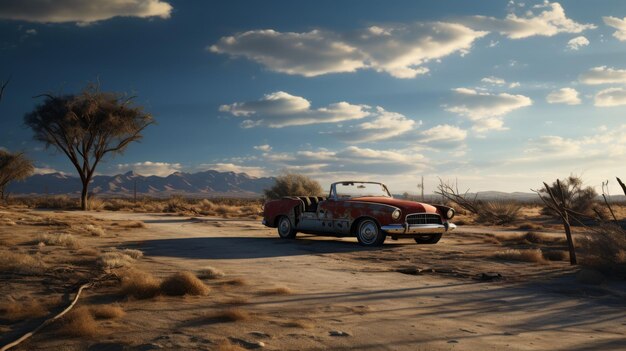 Фото Заброшенный кабриолет в пустынном ландшафте объемная фотография освещения