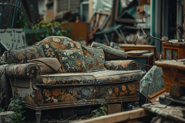 Abandoned Couch Among Pile of Junk