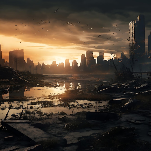 Photo abandoned destroyed city on wasteland a post apocalyptic ruined city post apocalypse civilization