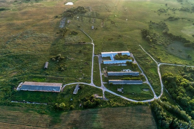 Abandoned and destruction livestock farm Aerial view