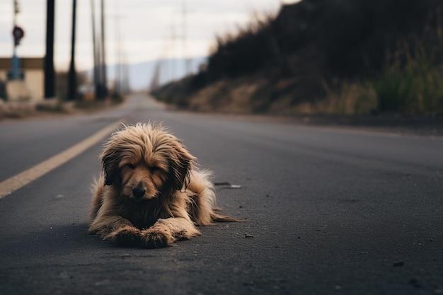 Заброшенная собака одна на дороге.