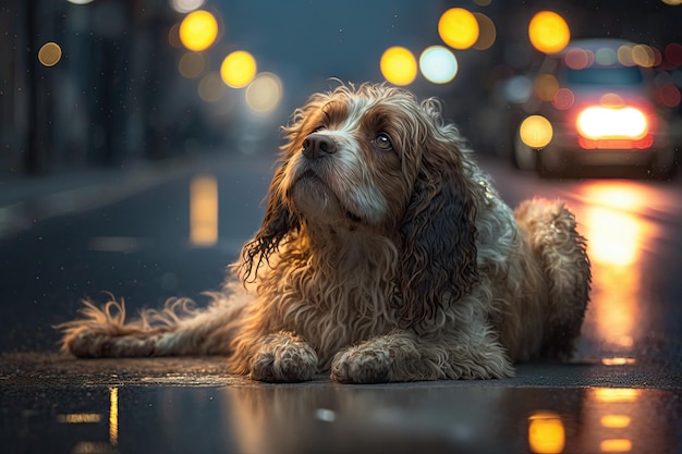 希望を持って見上げる夜の街路に捨てられた犬